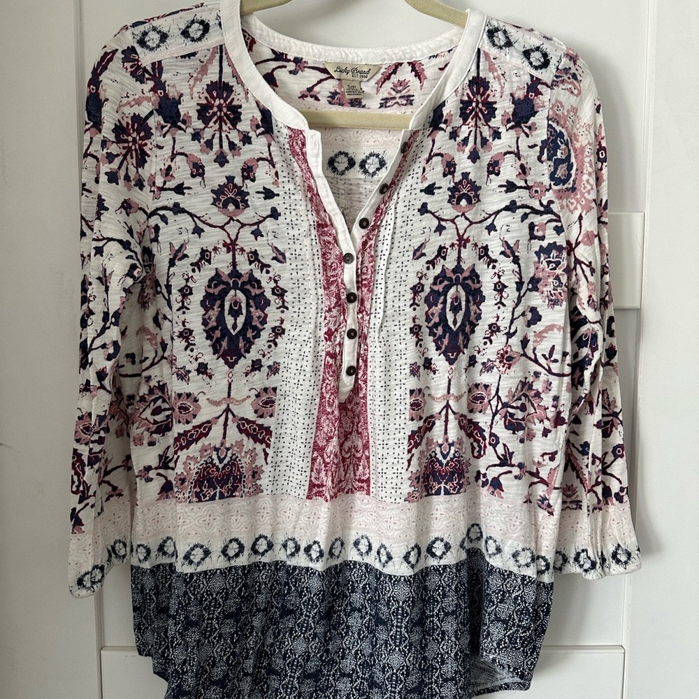 Lucky Brand Womens S Floral Tee Knit Boho Peasant Top 3/4 Sleeve Shirt Blouse
